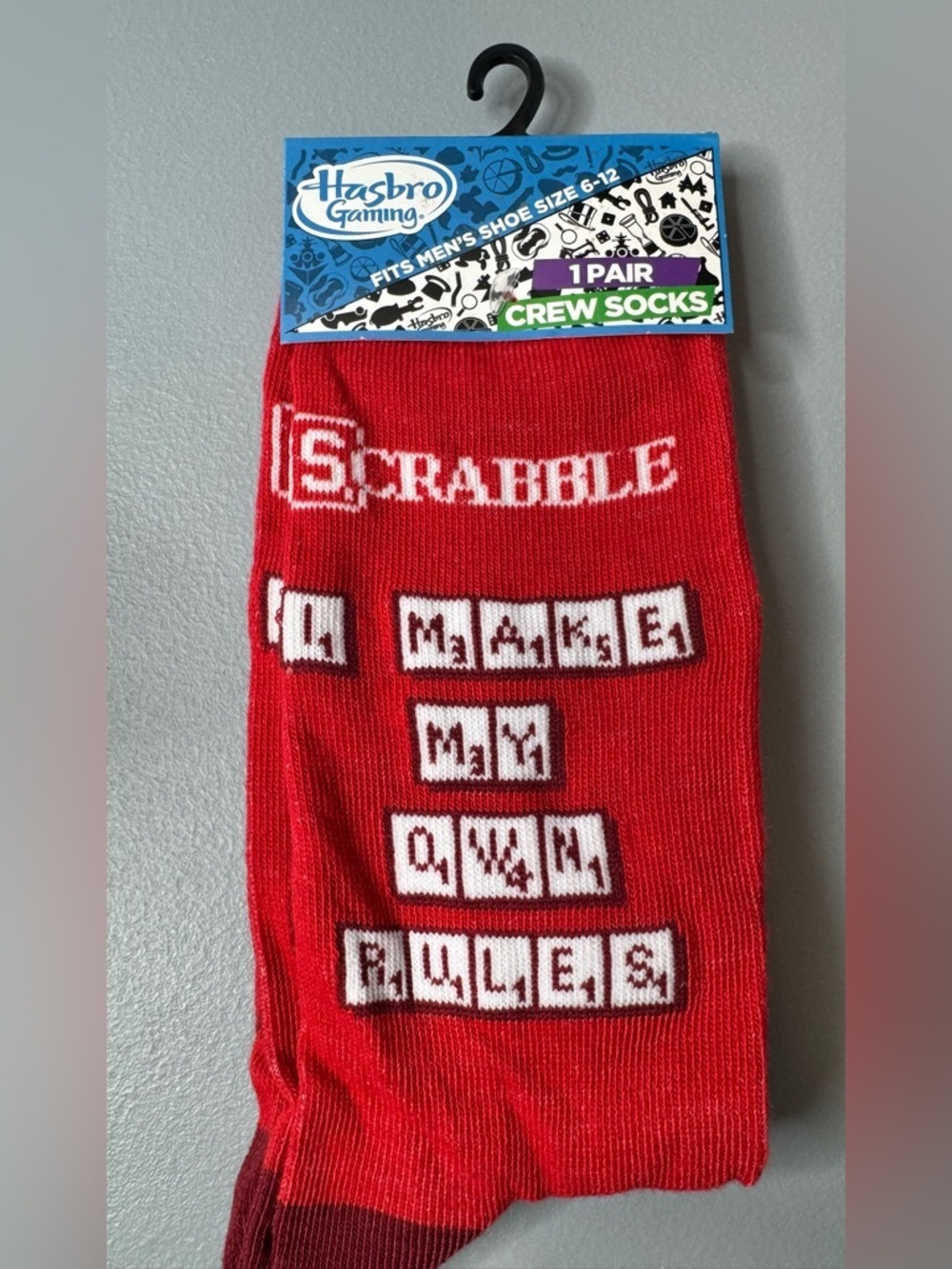 Hasbro Scrabble Red Crew Socks I make my own rules in Game Tile Design unisex